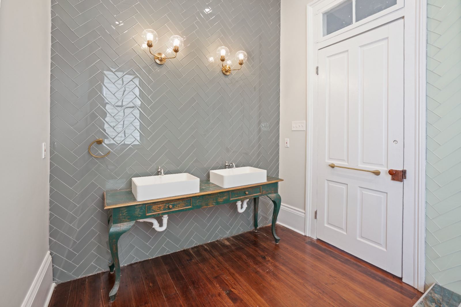 Bathroom with soaking tub and wood-look tile