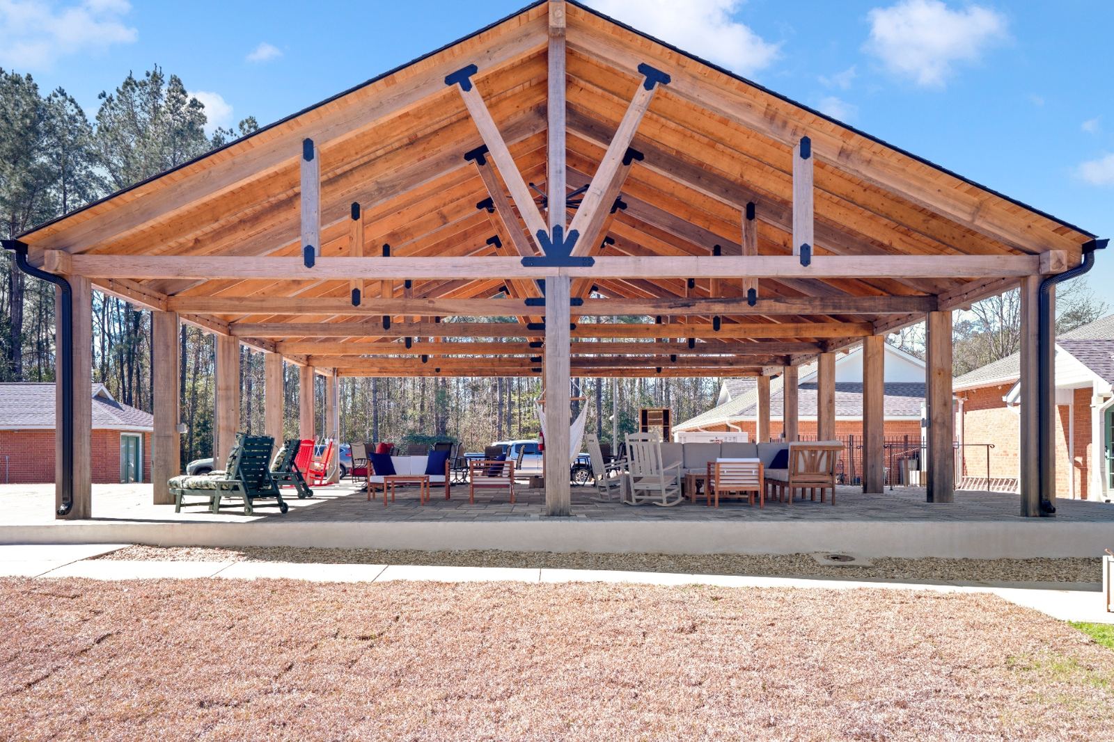 Pavilion entry with custom paver steps and stone work