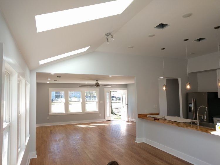 Vaulted ceiling with skylights